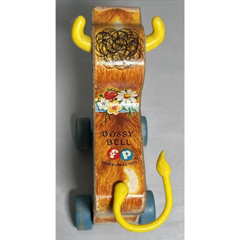 Fisher Price Vintage 1960s Bossy Bell Wooden Cow Pull Toy Tail Spins Cow Bell